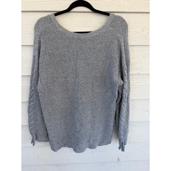 American Eagle Gray Chunky Knit Lace-Up Sleeve Sweater Size L Cozy V-Neck - Picture 8 of 8